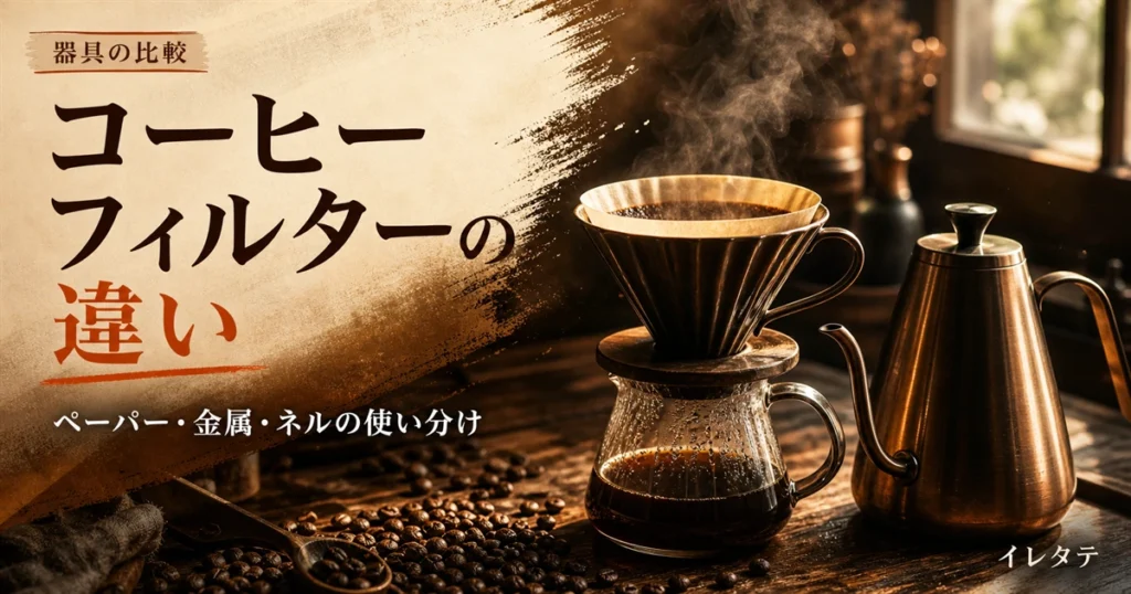 木のテーブルに置かれたドリッパーとケトルとコーヒー豆を写したコーヒーフィルターの違い解説のアイキャッチ画像