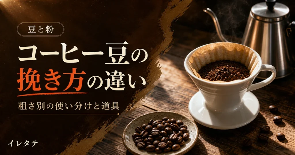 木のテーブルに置かれたドリッパーとグースネックケトルとコーヒー豆を写した、コーヒー豆の挽き方の違い解説記事のアイキャッチ画像
