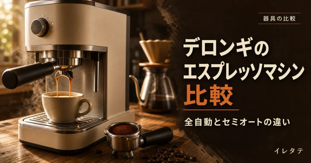 木のテーブルに置かれたコーヒー器具とコーヒー豆を写したデロンギエスプレッソマシン比較のアイキャッチ画像