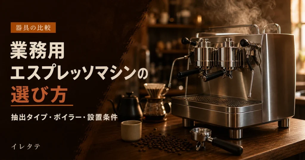 木のテーブルに並んだドリッパーとグースネックケトルとコーヒー豆を写した業務用エスプレッソマシンの選び方のアイキャッチ画像
