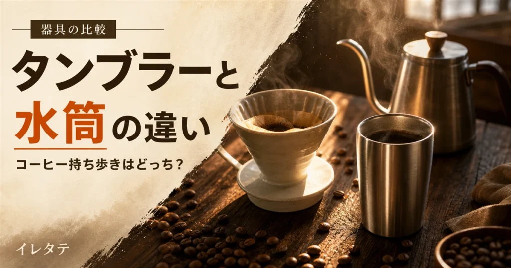 木のテーブルに置いたドリッパーとグースネックケトル、コーヒー豆を写したタンブラーと水筒の違い比較記事のアイキャッチ画像